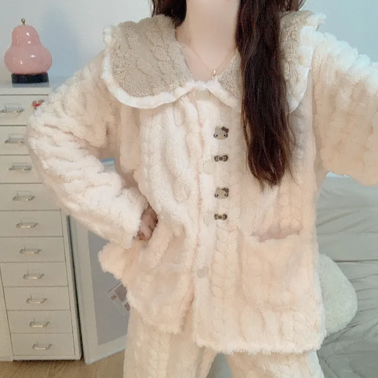 【加绒加厚】珊瑚绒睡衣女款秋冬季娃娃领猫咪法兰绒保暖家居服套装