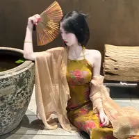 LHMknk1画报夫人原创自制新中式长款修身旗袍吊带连衣裙 贵花金