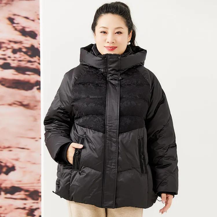 胖太太大码女装冬季新款蕾丝拼接加肥保暖羽绒服连帽短424404611
