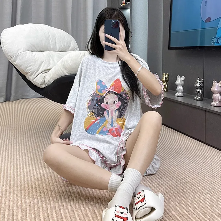 薄款夏季短袖莫代尔睡衣女学生卡通可爱风家居服圆领百搭舒适透气