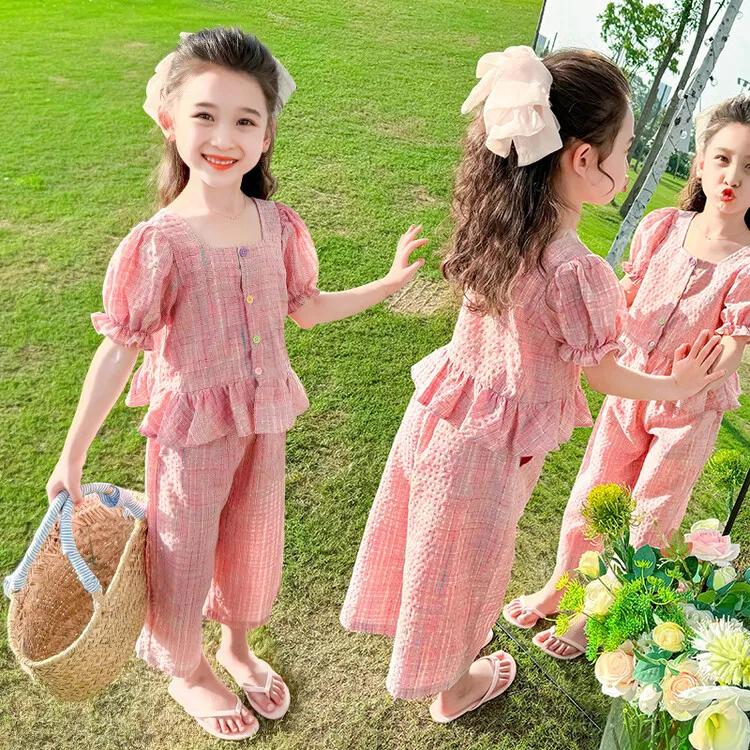 女童夏款套装2026新品韩版时尚泡泡袖上衣+阔腿七分裤