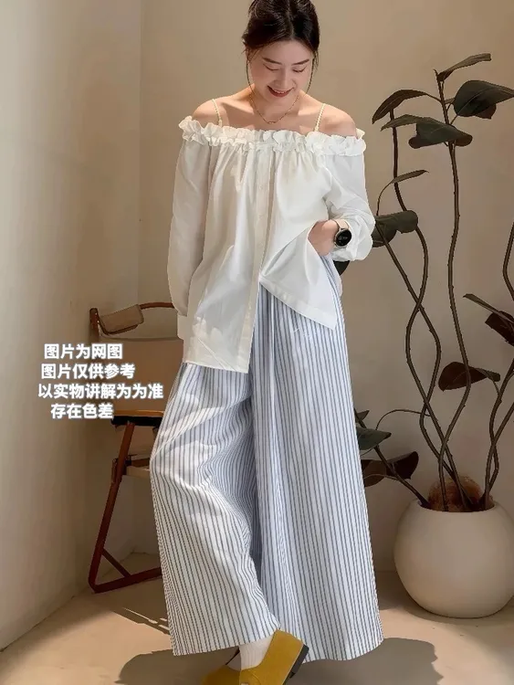 Yi+2025夏季新款大码女装韩 边系一字肩木耳边衬衫+条纹阔腿裤