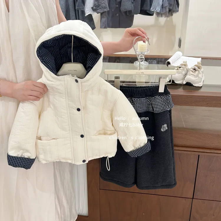 【咸柠七】女童加厚棉服秋冬装儿童连帽上衣韩版女孩加绒格子外套