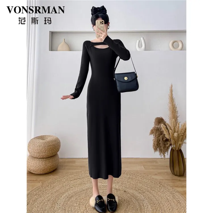 VONSRMAN赫本风黑色连衣裙女2025秋冬新款时尚法式高级感气质修身