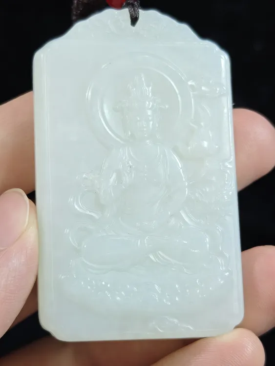 旧藏天然和田玉持莲观音玉牌挂件吊坠配饰45克62*36*8mm