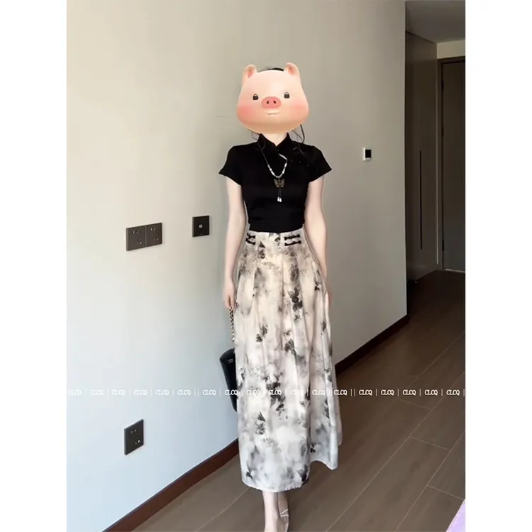 韩系气质新中式搭配一整套女夏季别致绝美小个子半身裙上衣两件套