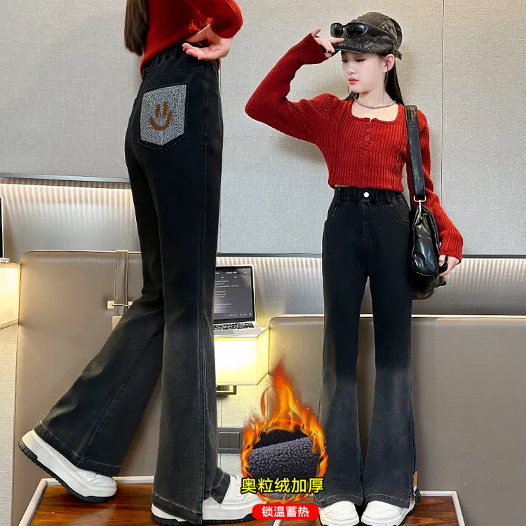 女童加绒裤子秋冬新款儿童洋气喇叭裤中大童加厚一体绒牛仔微喇裤