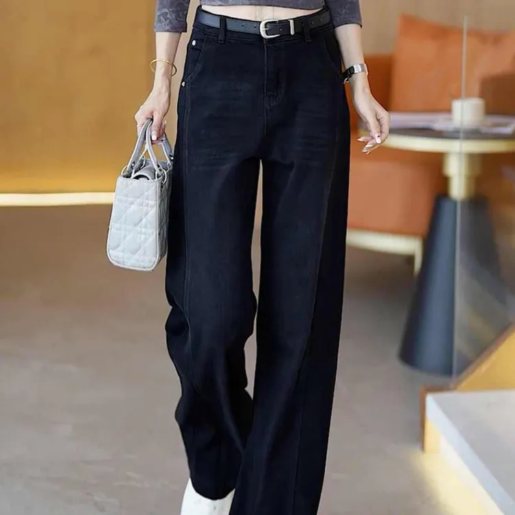 加绒显瘦直筒阔腿牛仔裤女秋冬宽松梨形腿粗长裤