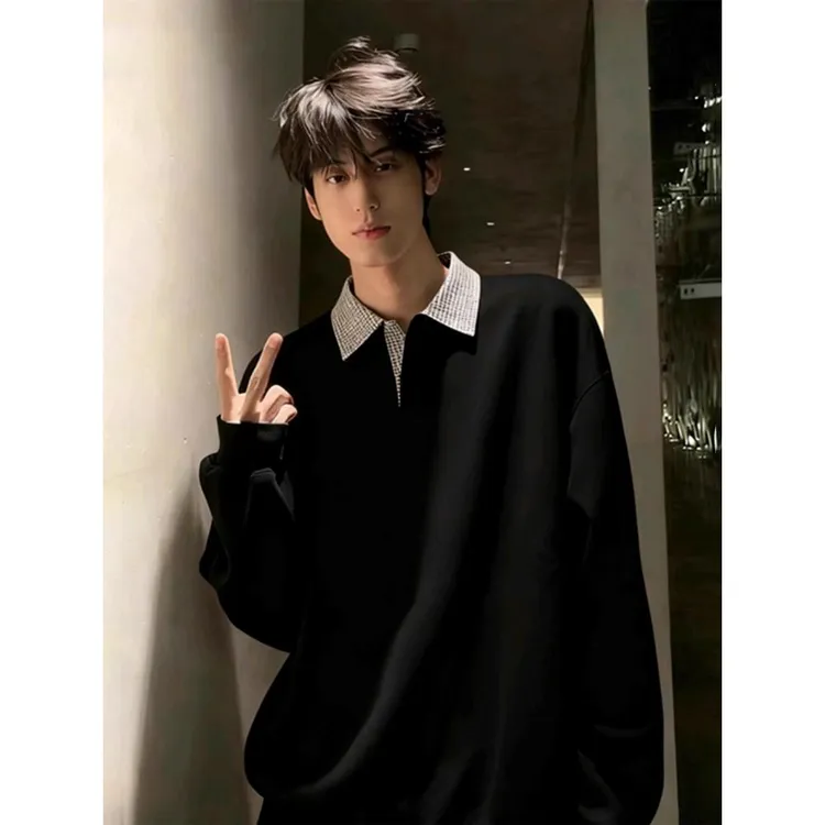 黑色polo衫卫衣男款冬季加绒加厚海鸥领长袖t恤美式千鸟格打底衫