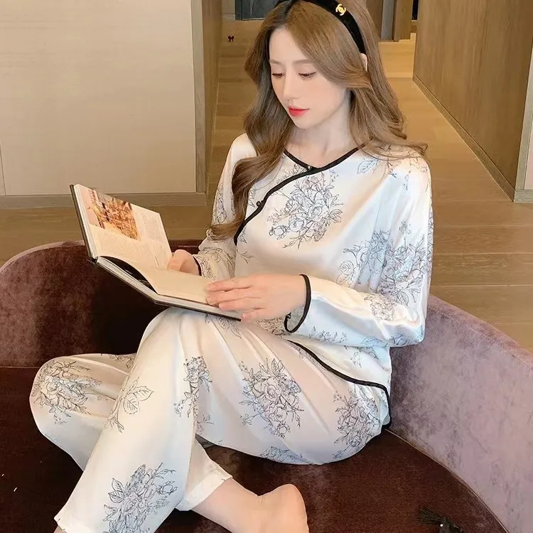 古典女秋季花开富贵水墨画睡衣套装中国风长袖长裤家居服冰丝汉服