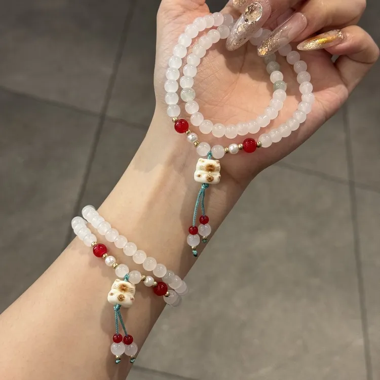 夏天清透KT猫红珠双圈手串国风高颜值闺蜜手链