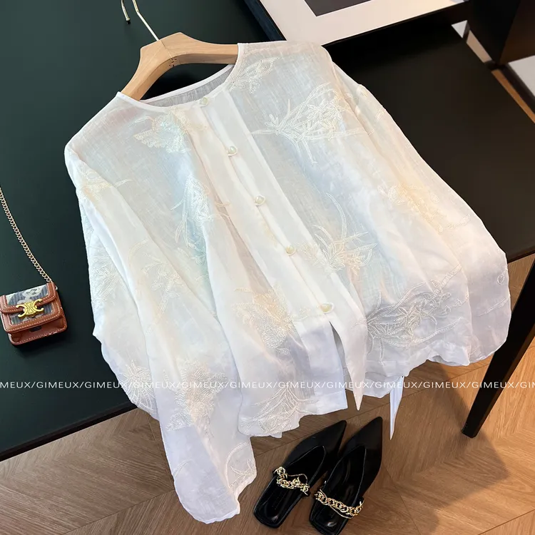 新中式欧根纱衬衫2025新款女初秋薄款防晒衣小众刺绣唐装国风上衣