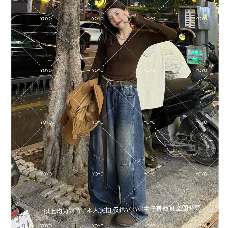 YOYO自制1【解构主义】加绒加厚冬款设计感水洗软牛仔阔腿拖地裤