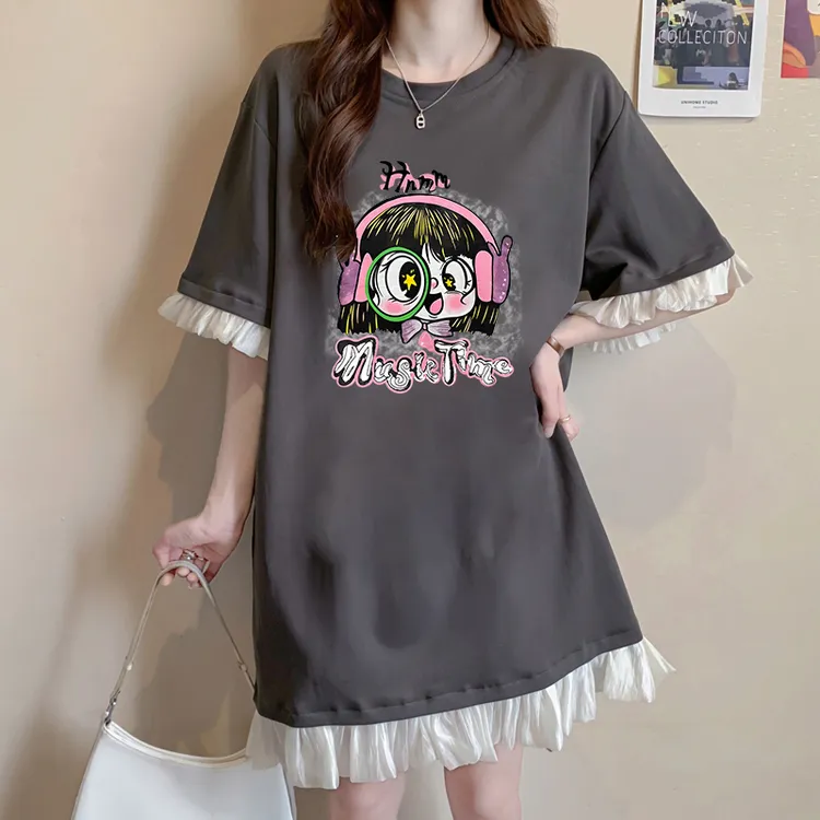 假两件蕾丝拼接纯棉短袖T恤女夏季韩版宽松卡通时尚百搭体恤裙ins