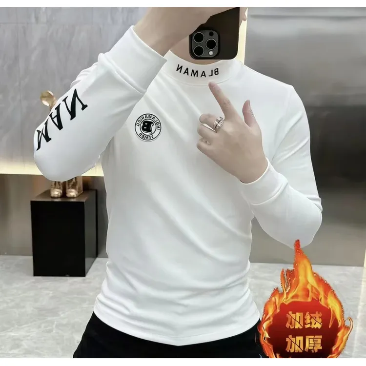 男士打底衫2025秋冬新款欧货潮牌字母修身帅气半高领加绒长袖卫衣
