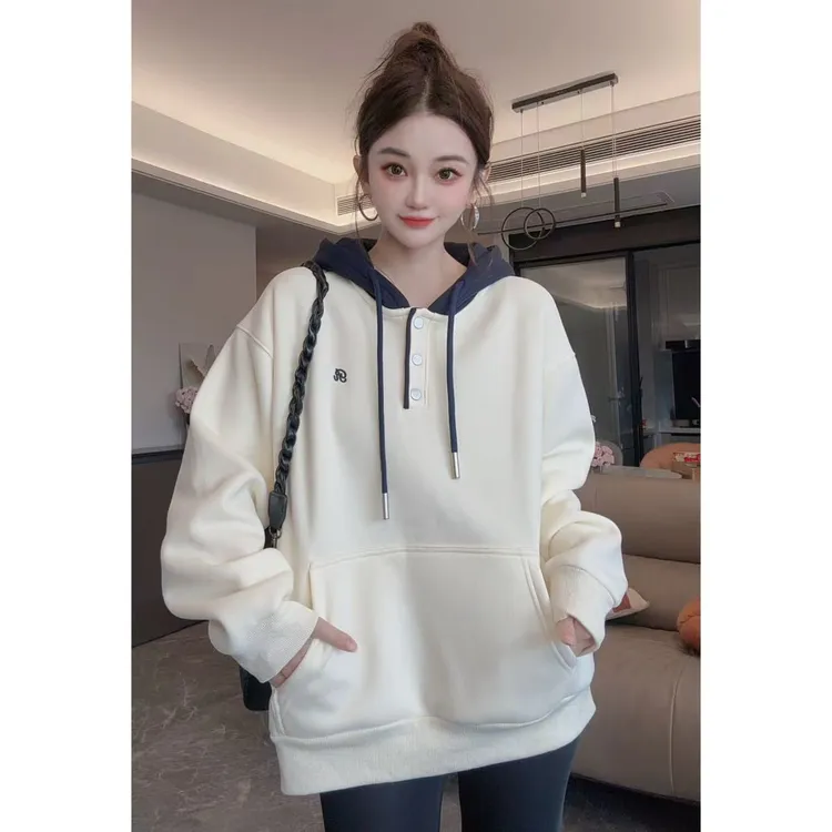 秋冬新款加绒连帽宽松套头卫衣2025韩版慵懒风撞色帽衫卫衣5028