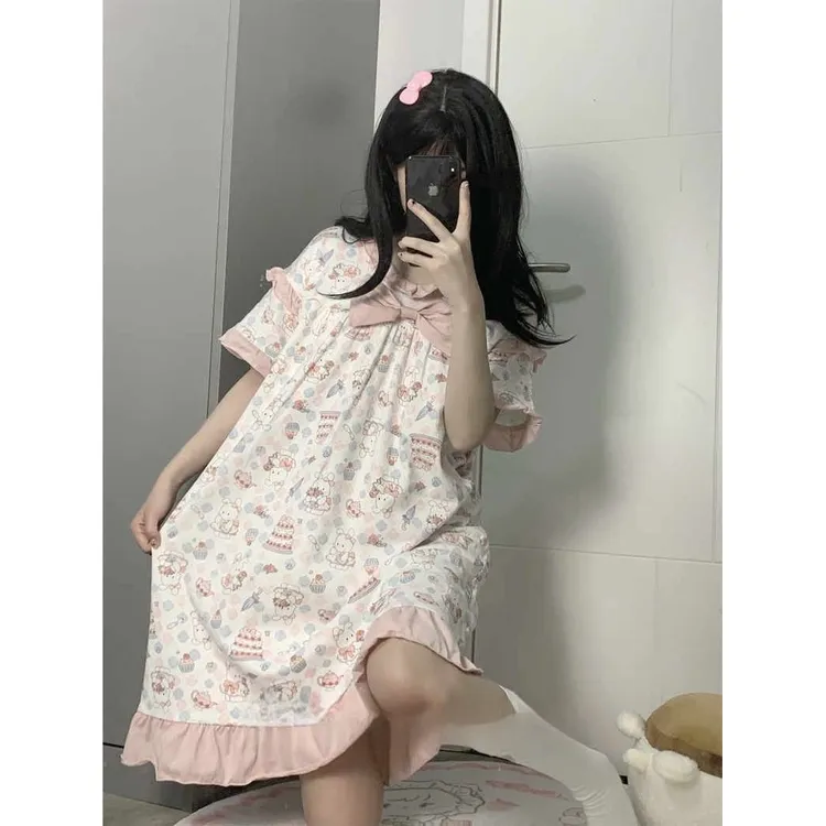 睡衣新款蛋糕兔睡裙圆领短袖可爱甜美