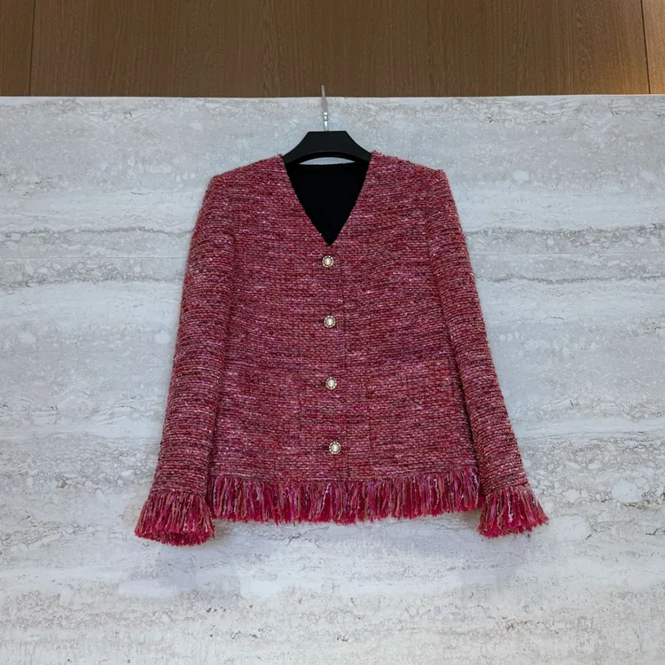 TANTAN 气质短款时尚V领小香风编织玫红色外套4450