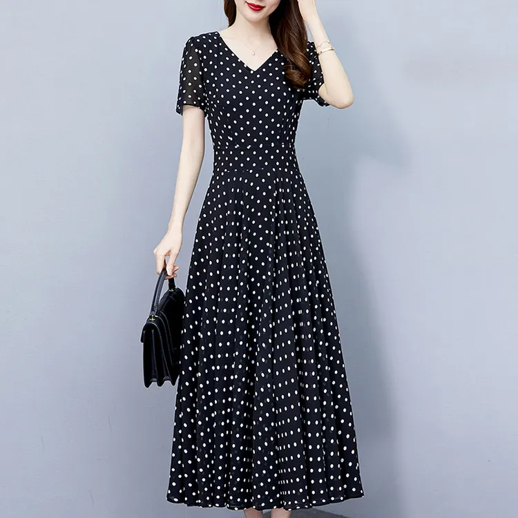 2025夏季新款高档波点连衣裙长款大码胖mm收腰显瘦遮肚子长裙