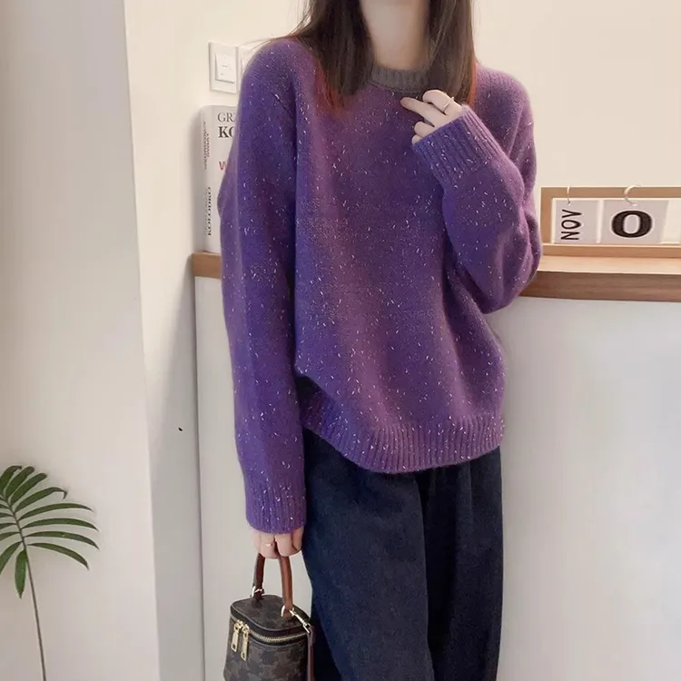 秋冬新款拼色圆领亮片针织衫女法式小香风软糯毛衣打底别致上衣潮