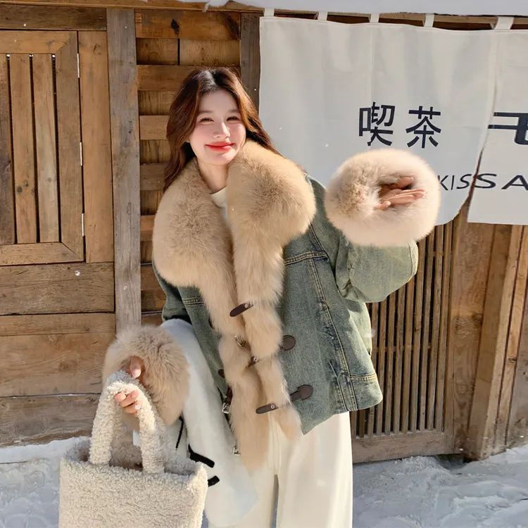 复古港风牛仔派克服羽绒服2025冬季新款环保毛90白鸭绒内胆外套潮