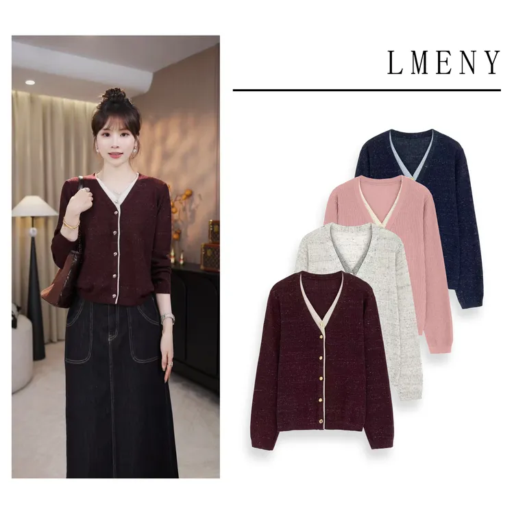 LMENY“假两件点子纱”绵羊毛+亚麻撞色浪漫温柔金扣针织衫25CM009