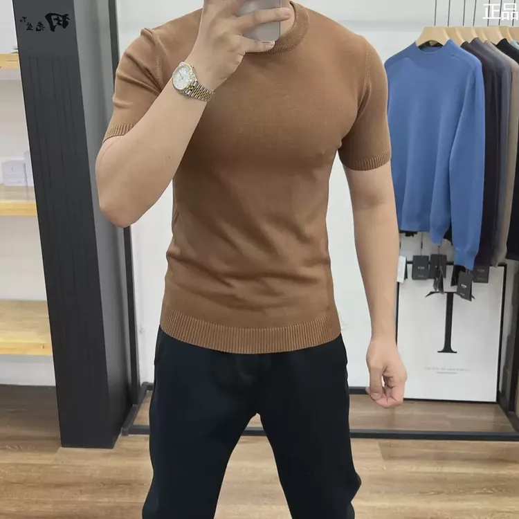 2025男士秋季圆领毛线衣百搭套头修身纯色彩色针织衫内搭打底短袖