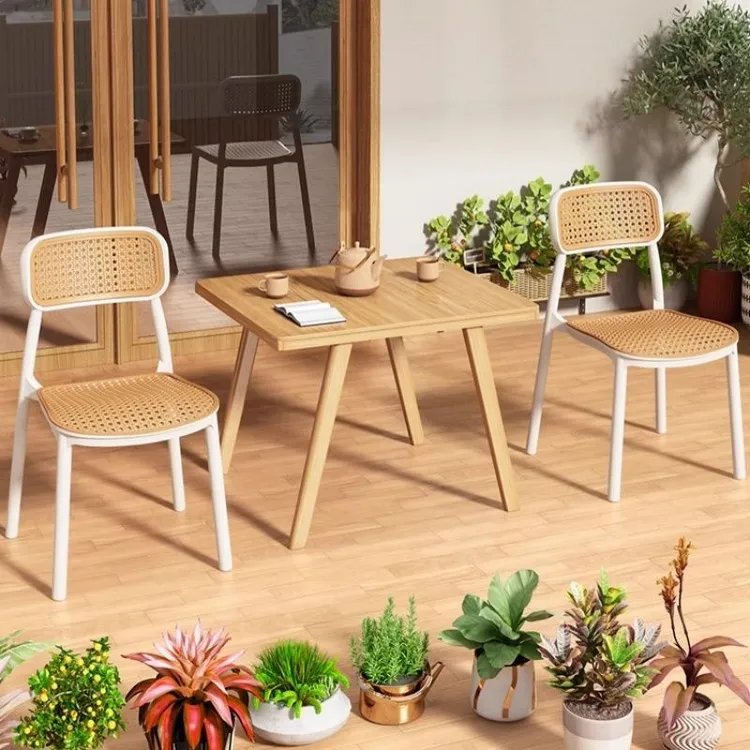 北欧塑料藤编椅子叠放靠背椅商用餐厅户外家用网红餐椅休闲桌椅