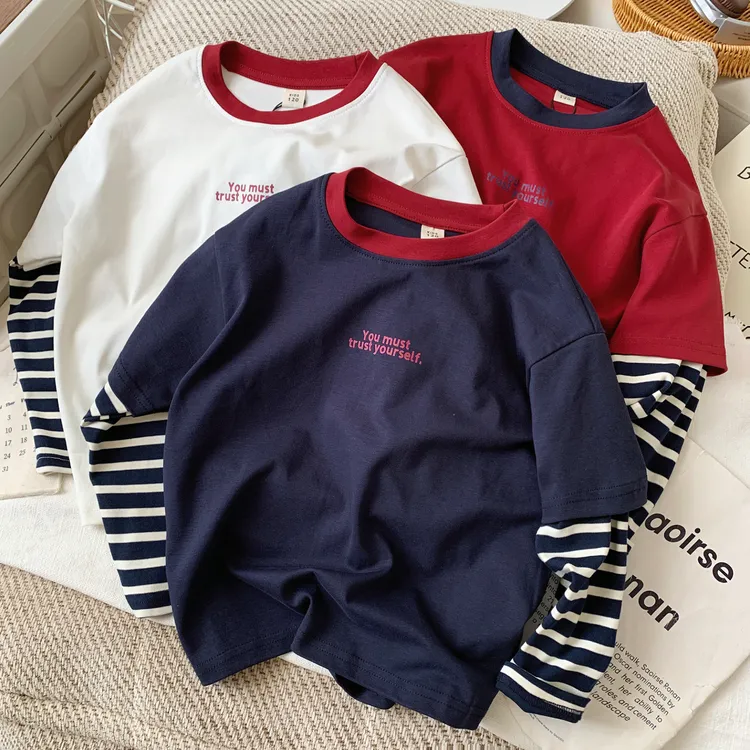 儿童假两件长袖T恤2025春秋新款男童条纹洋气上衣儿童套头圆领衫