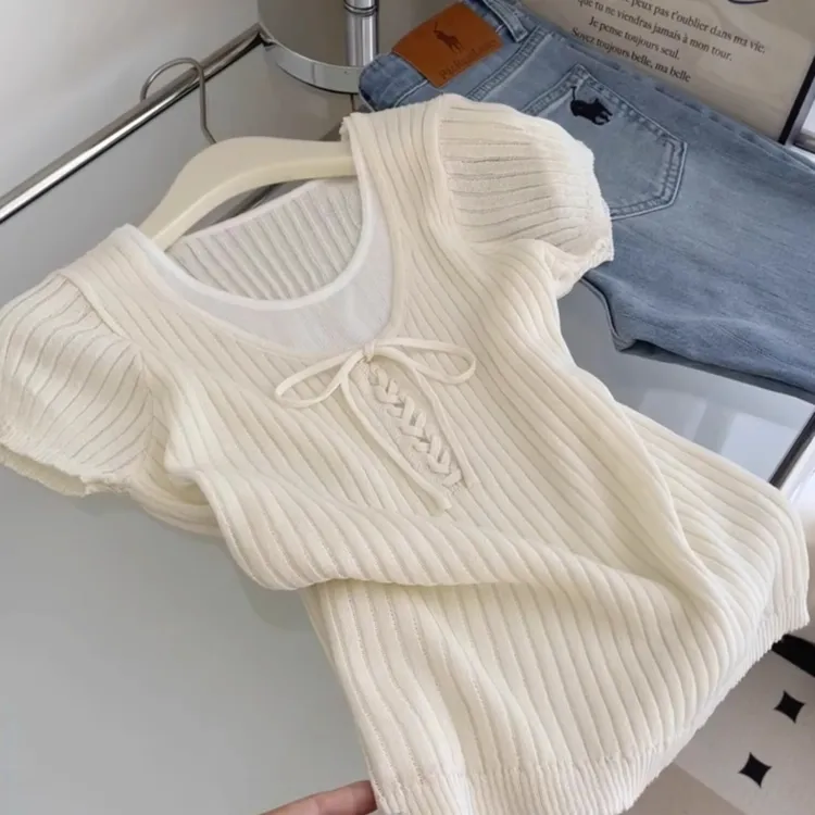 温柔风假两件绑带宽松显瘦短袖T恤女夏季新款时尚百搭圆领上衣潮