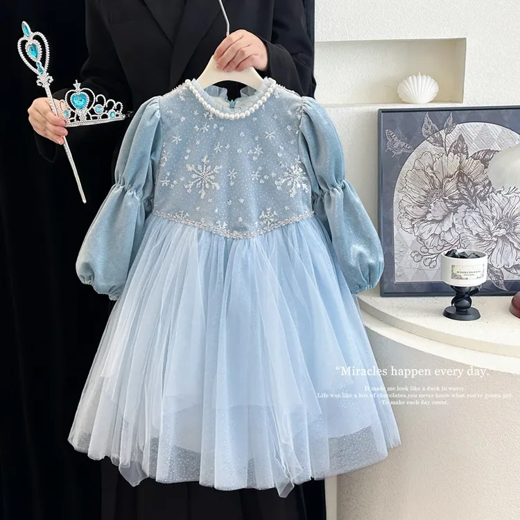 爱莎公主裙女童丝绒连衣裙春秋小女孩甜美礼服裙儿童穿搭生日裙子