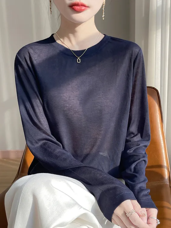 春夏莱赛尔圆领长袖薄款女上衣宽松百搭纯色休闲打底衫防晒罩衫