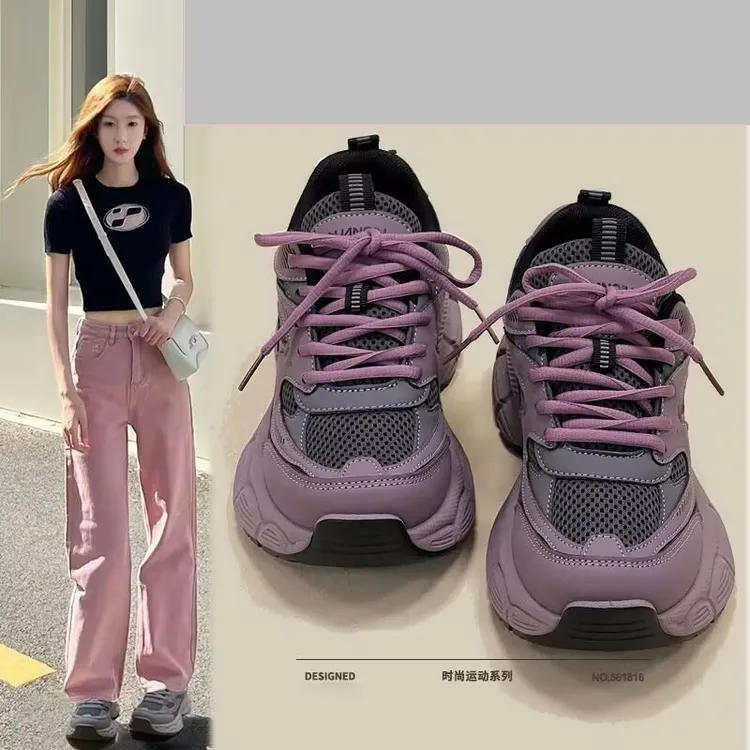 新款紫色网纱学生鞋厚底橡胶休闲运动女鞋爆款百搭春秋季单件乳胶