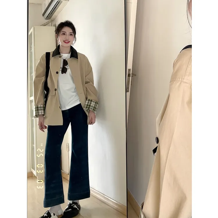 卡其色短款风衣外套女2025春季新款高级感宽松休闲巴恩风撞色上衣