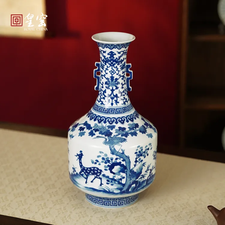 皇窑景德镇花瓶手绘青花瓷中式客厅插花摆件陶瓷器摆件鹿鹤同春纹