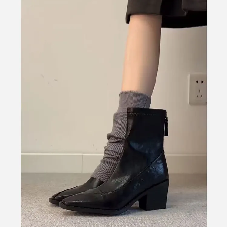 羊皮版~法式复古方头粗跟瘦瘦短靴通勤百搭切尔西靴女高跟秋冬