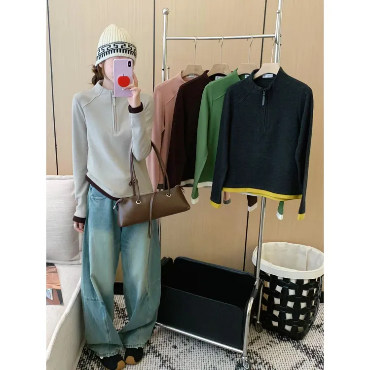 秋冬磨毛远红外发热保暖半拉链女款拼色长袖显瘦德绒打底903