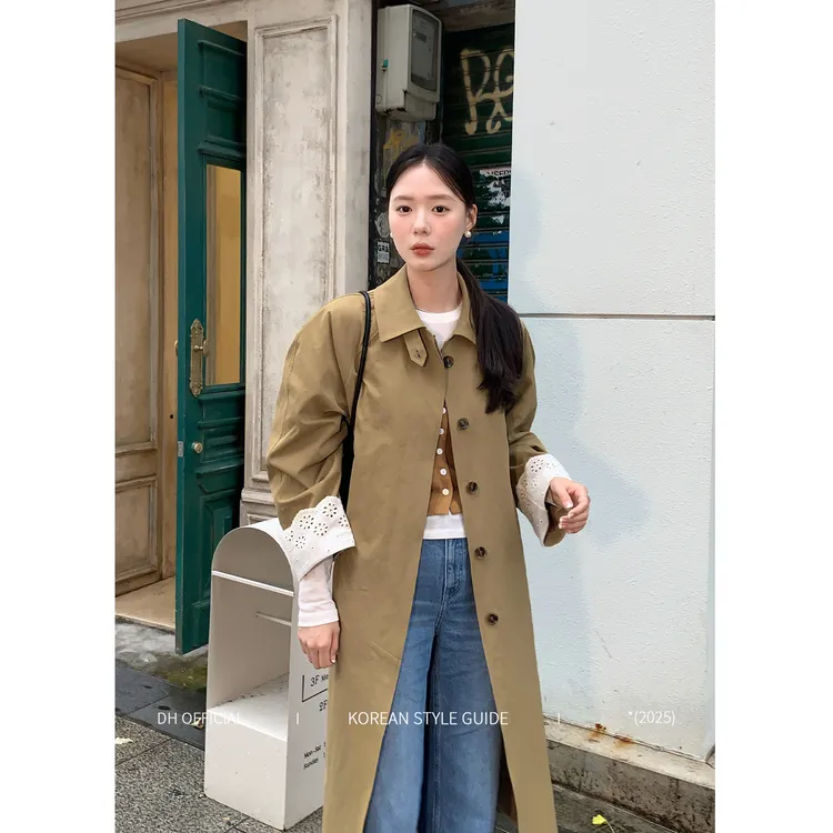DH OFFICIAL 大花【韩国女作家 Korea】琥珀流光风天丝拼接蕾丝风衣