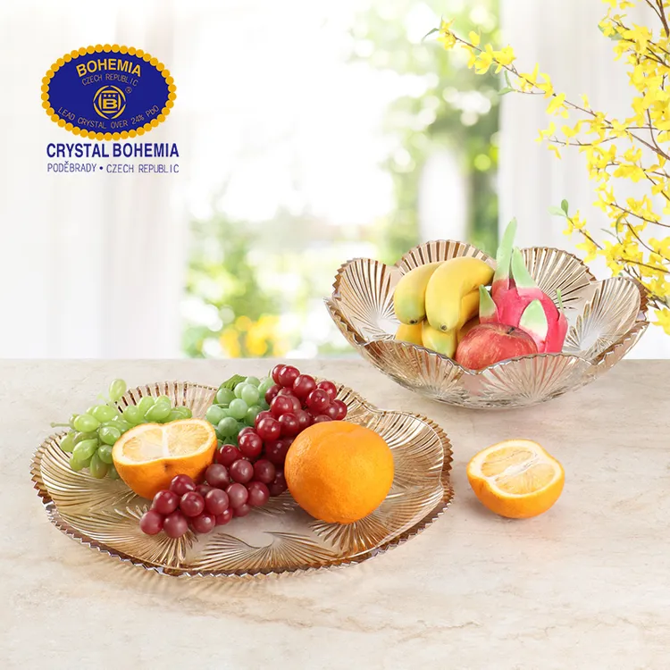 莱克斯捷克原装进口水晶水果盘琥珀渐变高端手工雕刻家用大号果盆