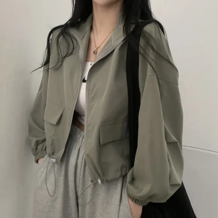 春夏薄款防风时尚复古百搭工装抽绳短款棒球服夹克上衣外套潮