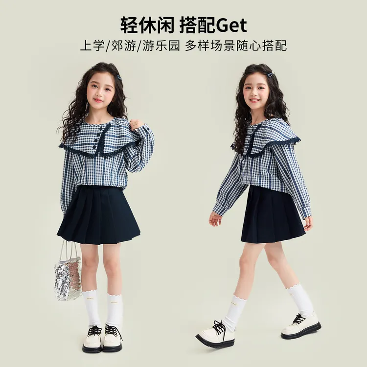 媛媛公主【气质可人】25秋款甜美不规则翻领长袖女童中大童衬衫T123