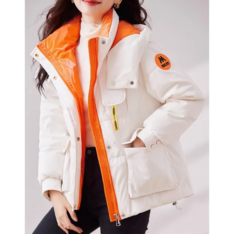 撞色羽绒服女宽松短款新款时尚百搭连帽加厚保暖冬季白鸭绒外套潮