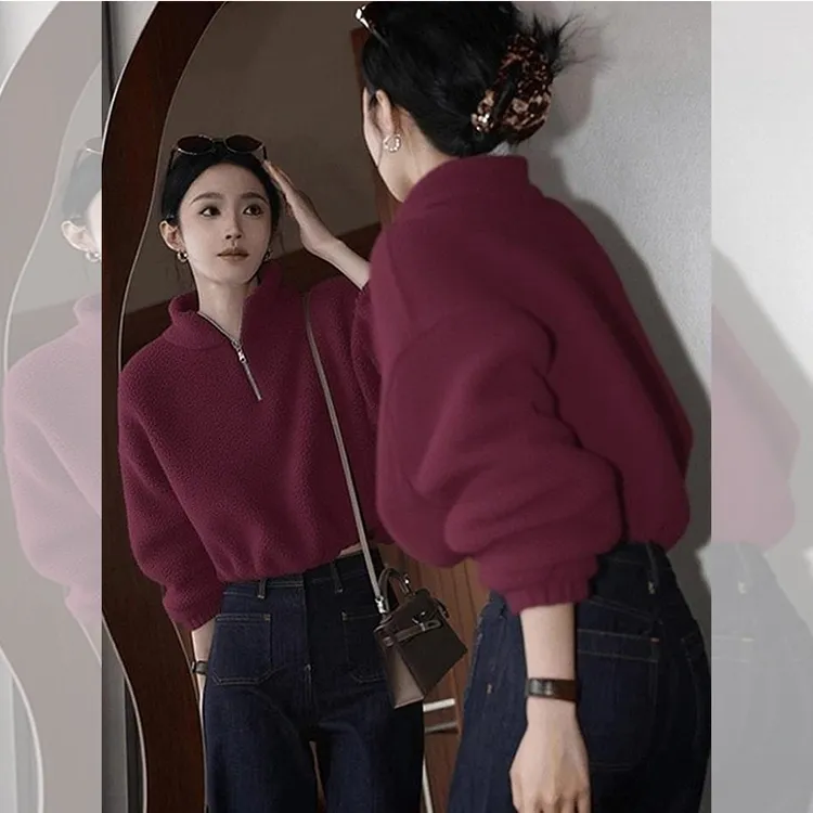 慵懒风紫色半拉链气质卫衣女2025秋冬新款松弛感宽松百搭短上衣