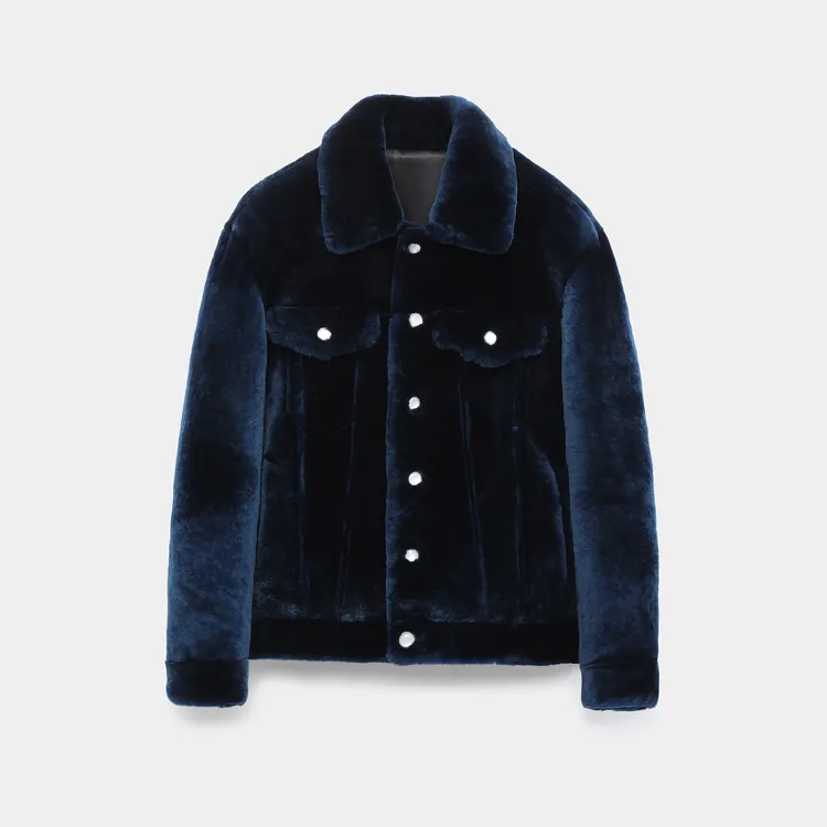1v柜上10W+宝石蓝美丽奴羊皮毛一体男外套