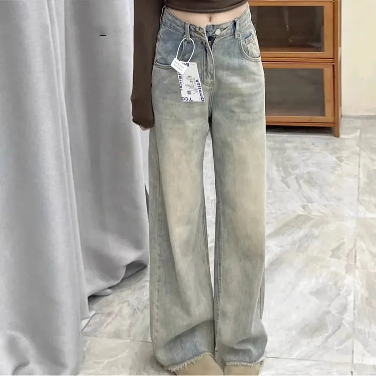 拉夏贝尔浅色高腰阔腿牛仔裤女秋季百搭胖mm显瘦设计感毛边直筒裤