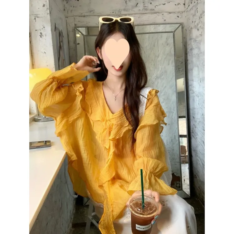 韩系荷叶边晒衬衫女2025夏季新款宽松时尚设计感薄款不规则上衣