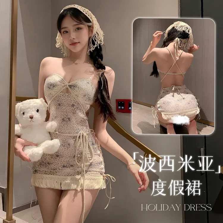 霏慕波西米亚度假碎花连衣裙辣妹性感低胸蕾丝吊带修身显瘦连衣裙