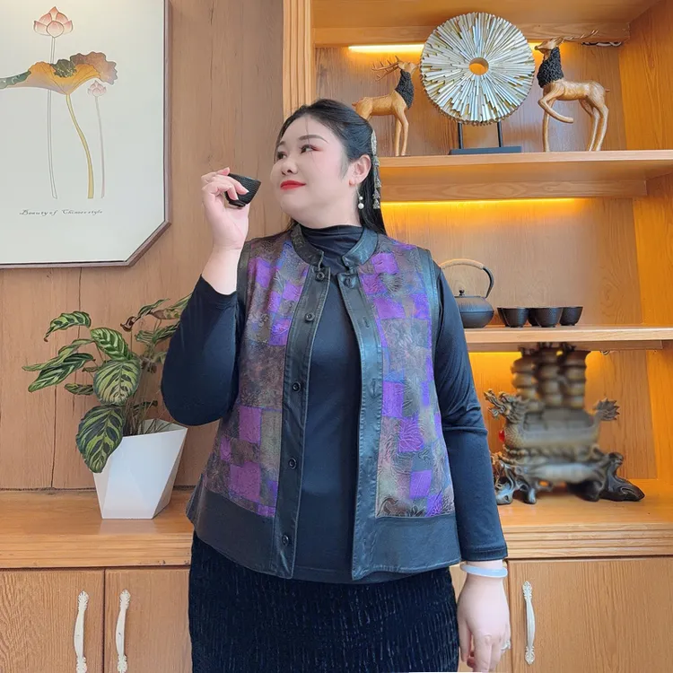 别格秀大码新中式真皮马甲无袖遮肚子国风坎肩宽松微胖马夹女装