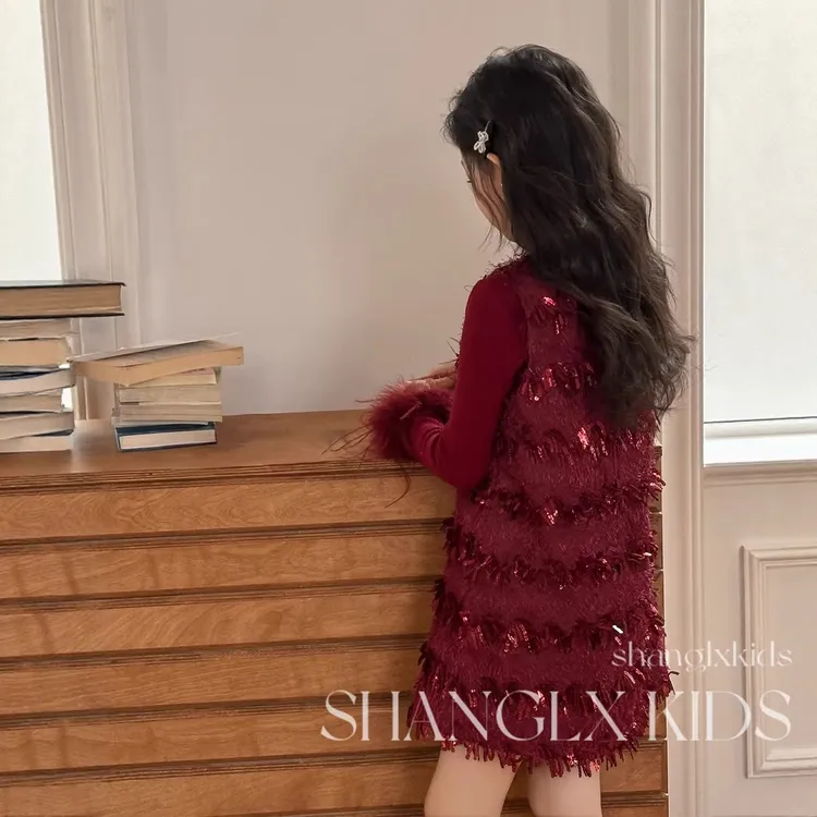女童富家千金感裙子红色连衣裙背心裙亮片背心裙冬季新年2026新款