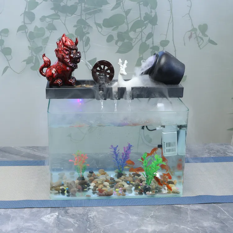 陶瓷玻璃鱼缸火麒麟招财流水摆件开业礼品桌面办公室客厅室内